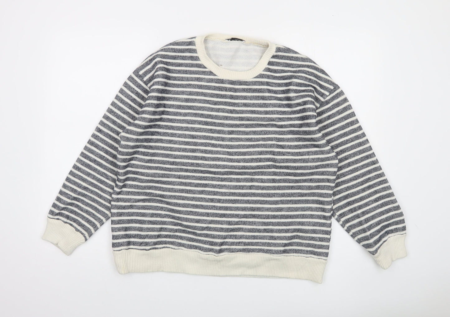Zara Women Grey Striped Crew Neck Cotton Sweatshirt Size L