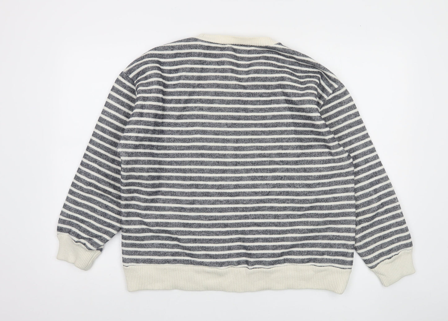 Zara Women Grey Striped Crew Neck Cotton Sweatshirt Size L