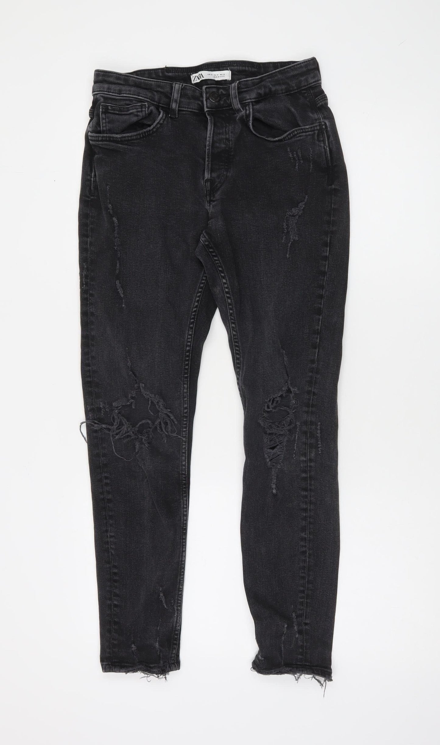 Zara Women Black Skinny Distressed Jeans Size 10 High Rise Denim