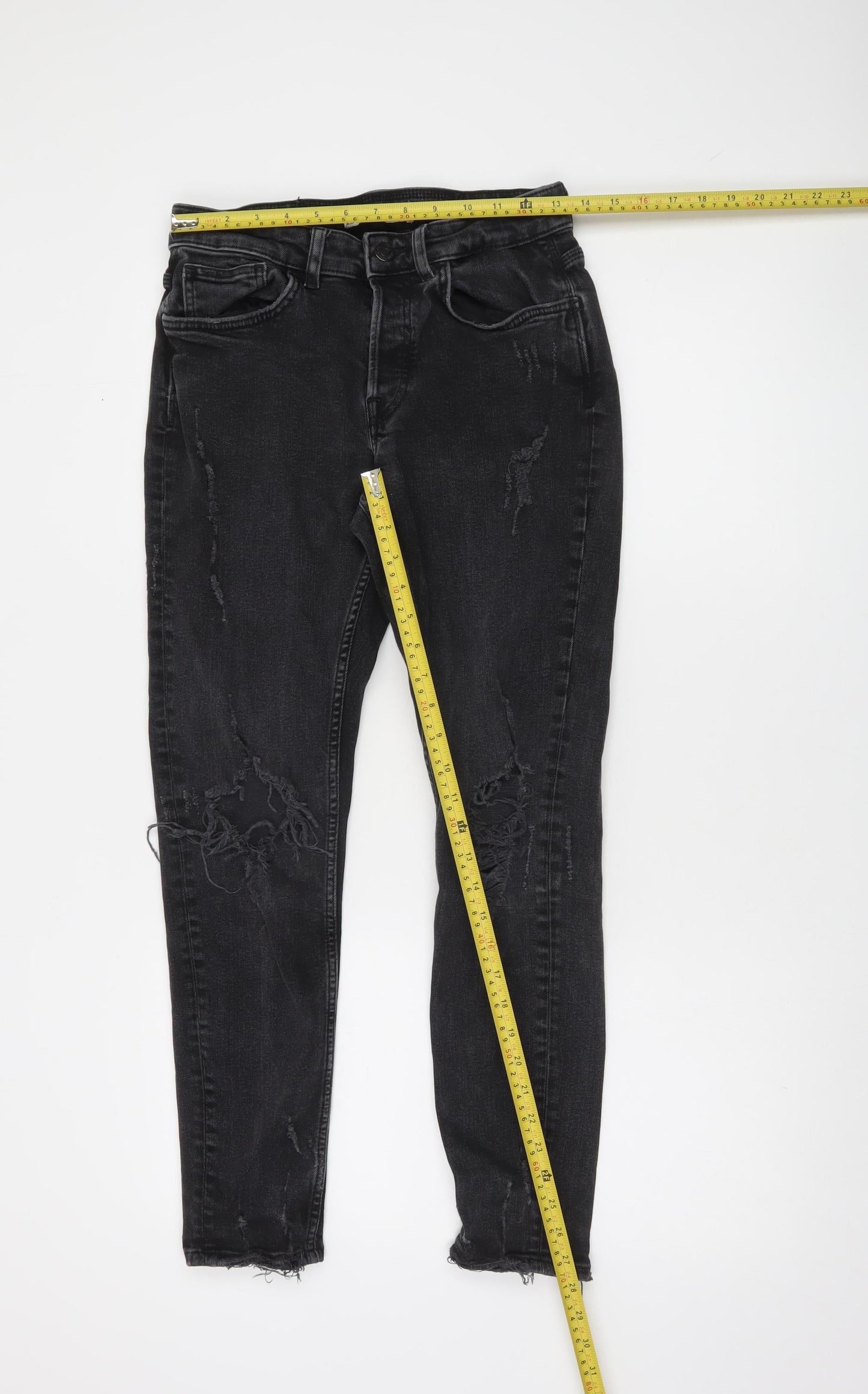 Zara Women Black Skinny Distressed Jeans Size 10 High Rise Denim