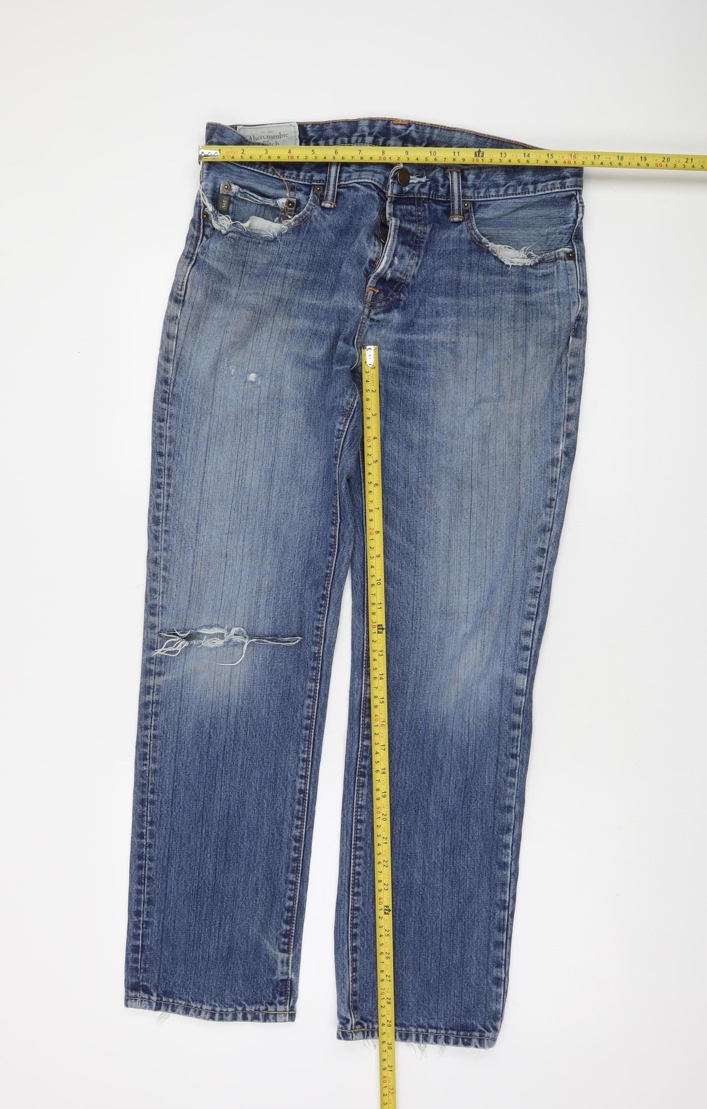 Abercrombie & Fitch Men’s Blue 32x30 Medium Wash Distressed Straight Jeans