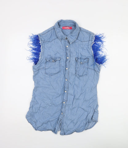 Sexy Woman Blue Sleeveless Collared Button-Up Denim Shirt Medium