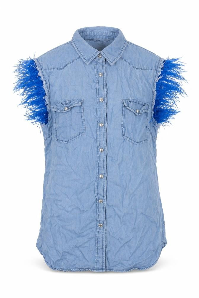 Front view of Sexy Woman Blue Sleeveless Collared Button-Up Denim Shirt Medium