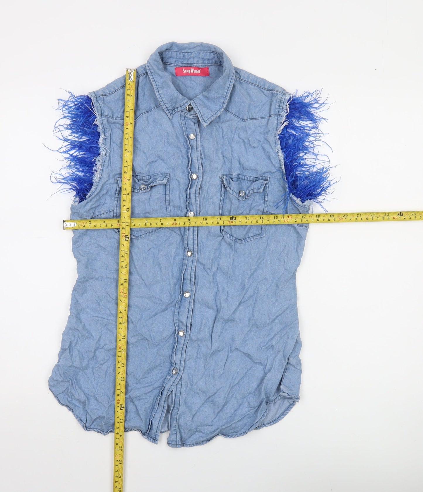 Sexy Woman Blue Sleeveless Collared Button-Up Denim Shirt Medium