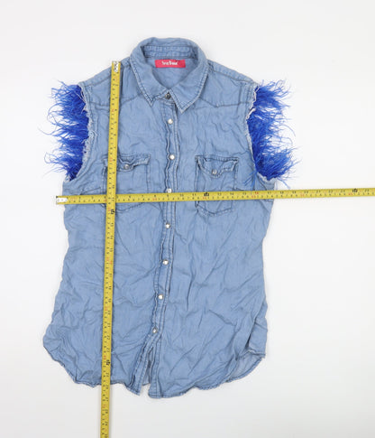 Sexy Woman Blue Sleeveless Collared Button-Up Denim Shirt Medium