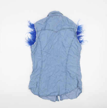 Sexy Woman Blue Sleeveless Collared Button-Up Denim Shirt Medium