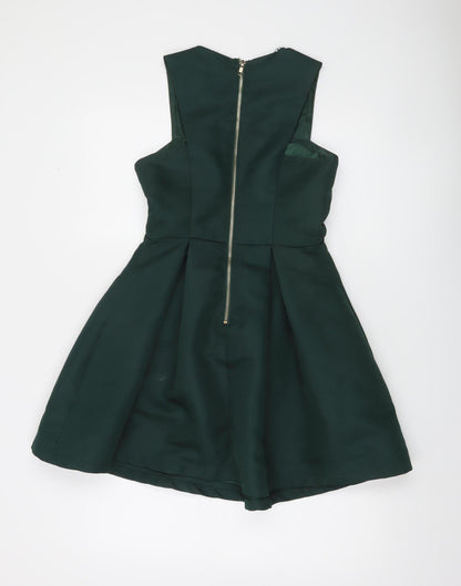 Lipsy Women's Green Sleeveless Skater Dress Size S Fit & Flare Zip Back
