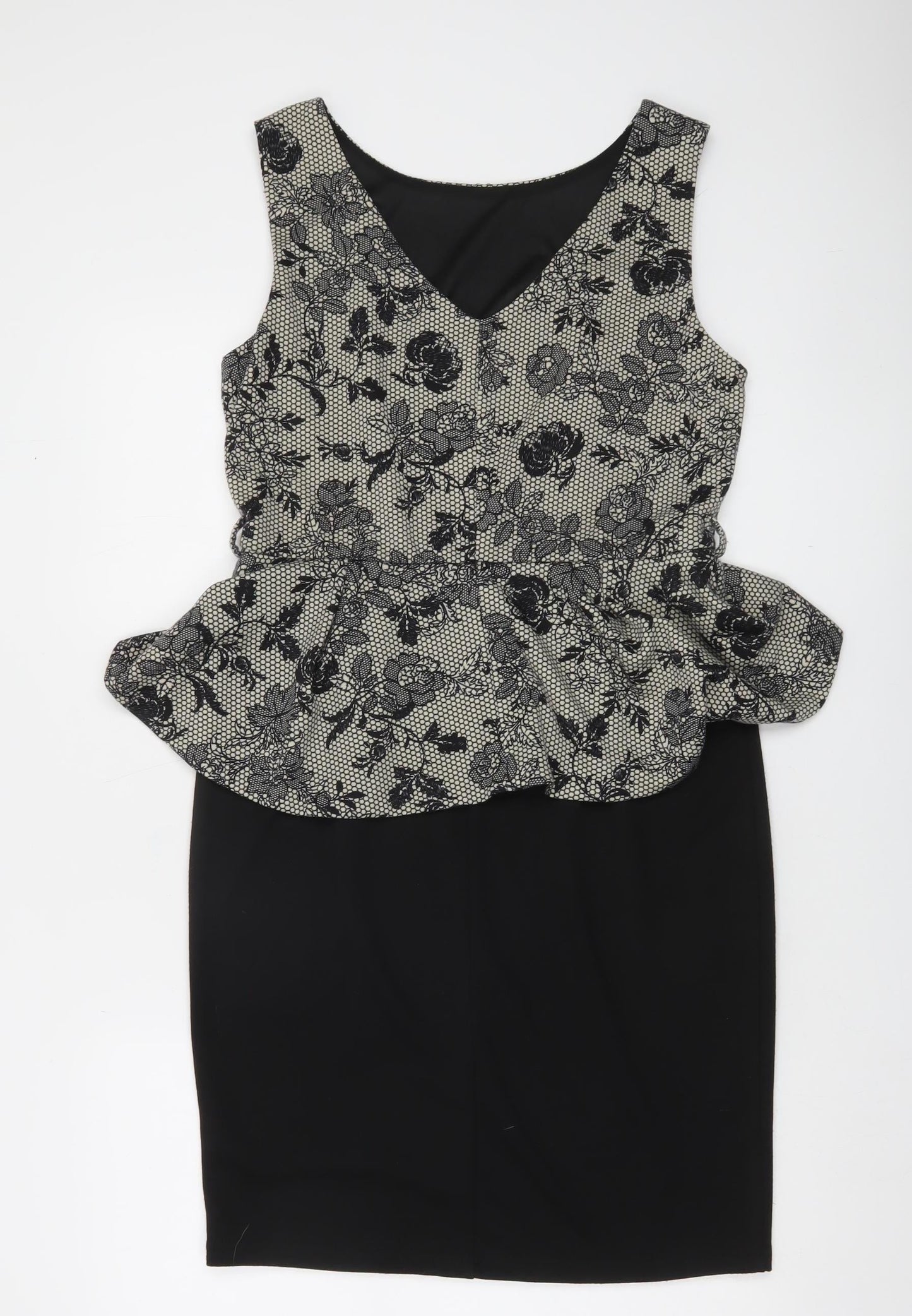 Billie & Blossom Women Black Floral Peplum Knee Length Dress Size 14