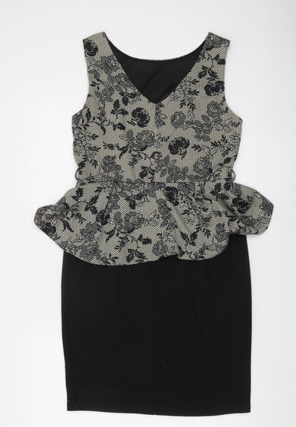 Billie & Blossom Women Black Floral Peplum Knee Length Dress Size 14
