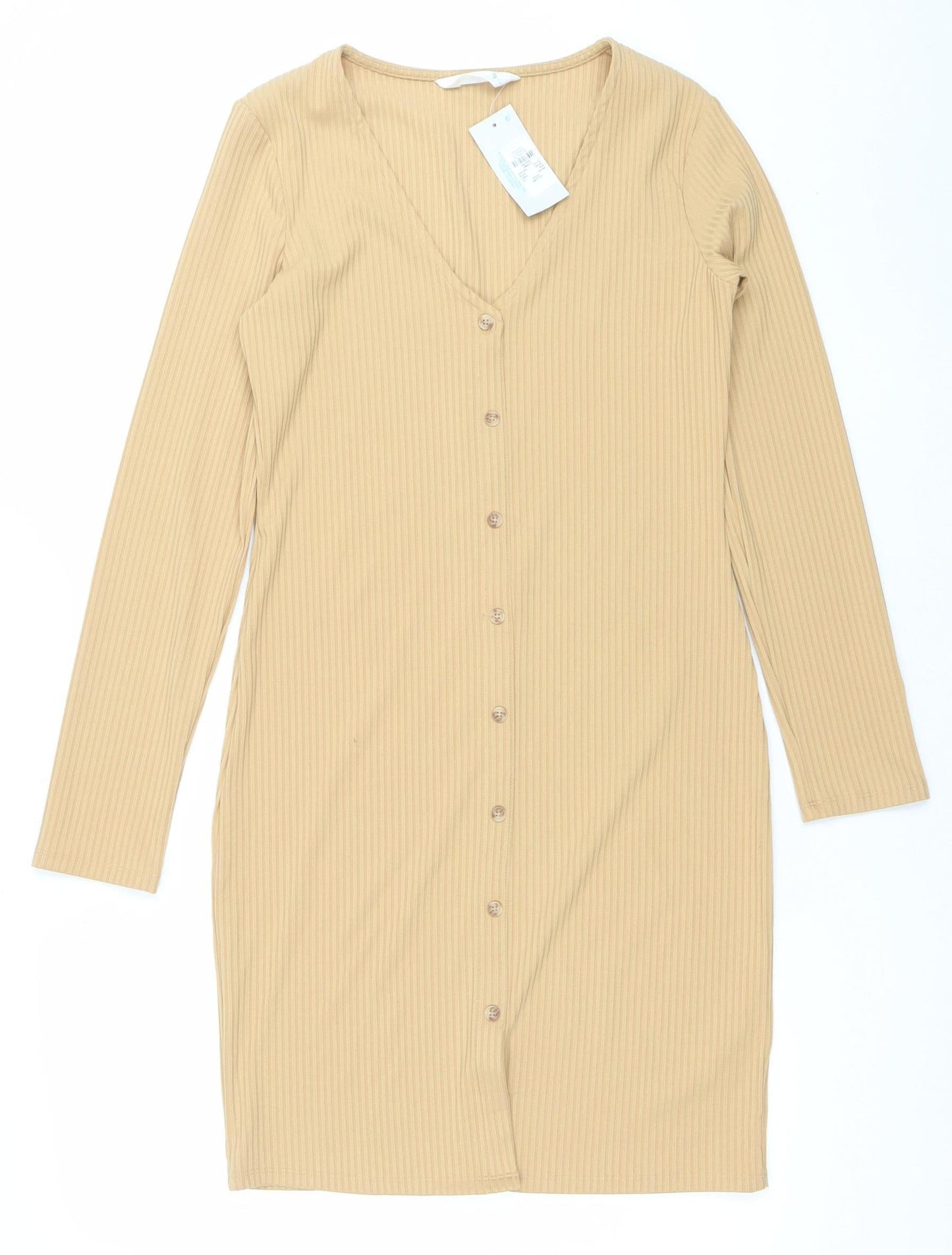 Primark Women Beige Ribbed Button Long Sleeve Bodycon Dress Size Small 10-12