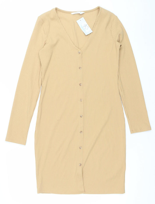 Primark Women Beige Ribbed Button Long Sleeve Bodycon Dress Size Small 10-12