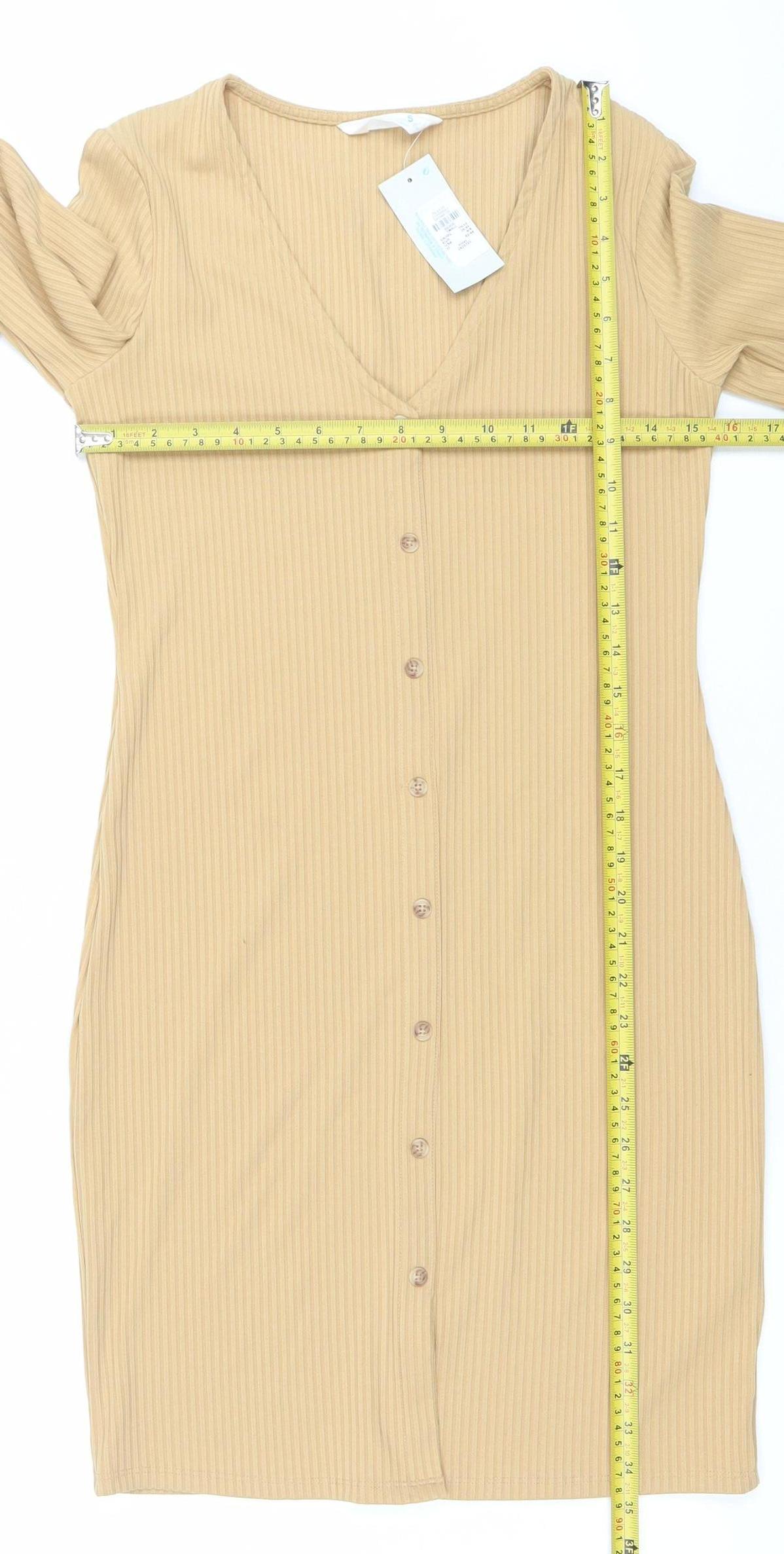 Primark Women Beige Ribbed Button Long Sleeve Bodycon Dress Size Small 10-12