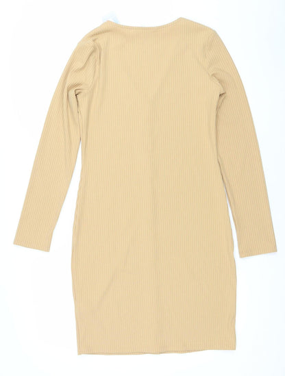 Primark Women Beige Ribbed Button Long Sleeve Bodycon Dress Size Small 10-12