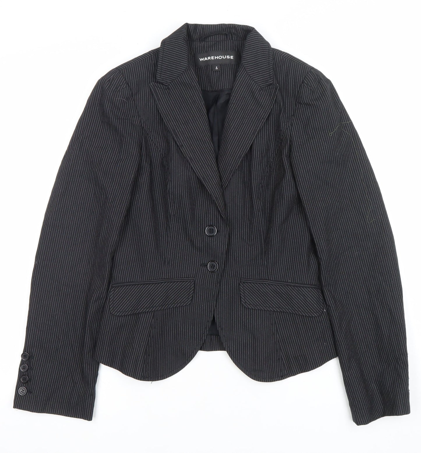 Warehouse Women's Black Pinstripe Blazer Size 6 Tailored Single-Breasted Jacket