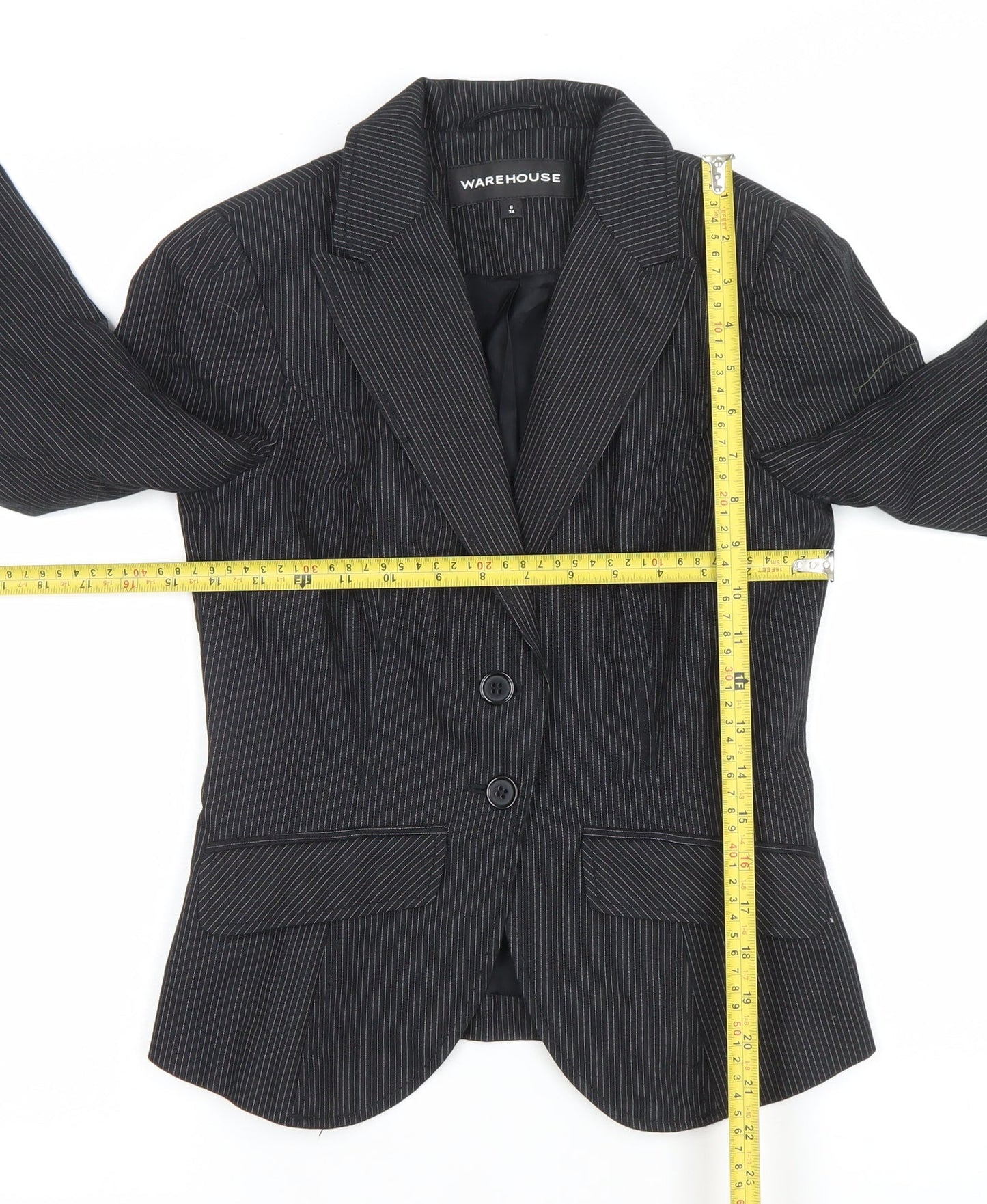 Warehouse Women's Black Pinstripe Blazer Size 6 Tailored Single-Breasted Jacket