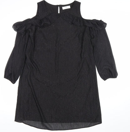 Wallis Women’s Black Cold Shoulder Ruffle Shift Dress Size 14