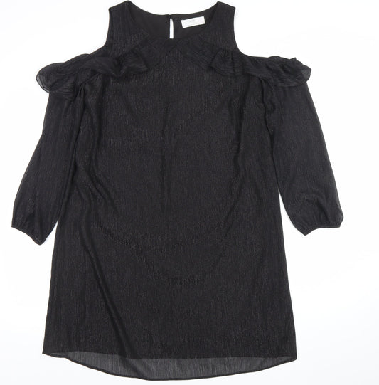 Wallis Women’s Black Cold Shoulder Ruffle Shift Dress Size 14