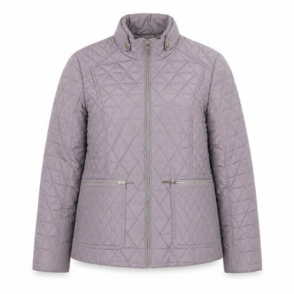 Front view of Gallery Women's Grey Quilted Full Zip Mid-Length Jacket, size 12