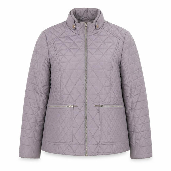 Front view of Gallery Women's Grey Quilted Full Zip Mid-Length Jacket, size 12