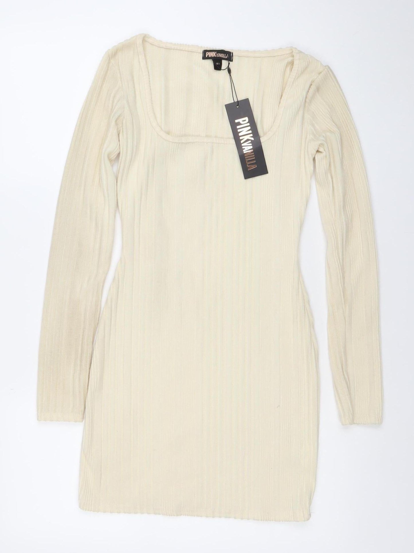 PINK VANILLA Women’s Ivory Ribbed Bodycon Long Sleeve Short Dress Size S