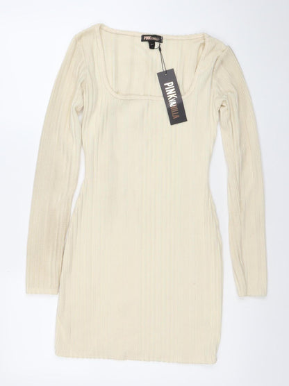 PINK VANILLA Women’s Ivory Ribbed Bodycon Long Sleeve Short Dress Size S
