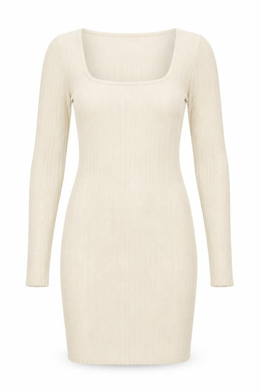 PINK VANILLA Women’s Ivory Ribbed Bodycon Long Sleeve Short Dress Size S