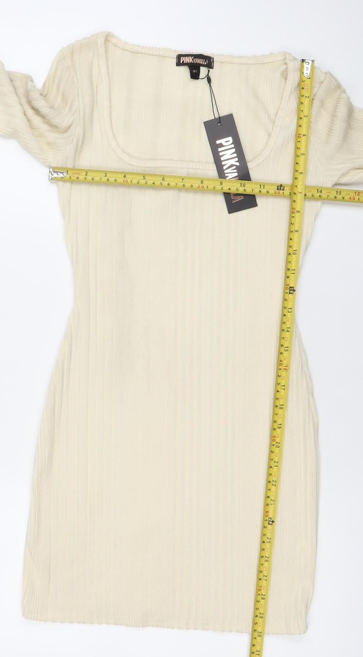 PINK VANILLA Women’s Ivory Ribbed Bodycon Long Sleeve Short Dress Size S