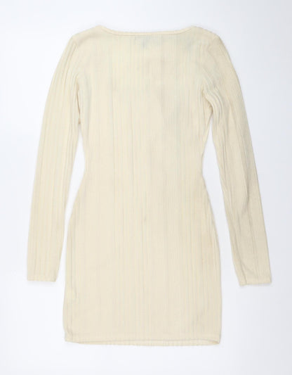 PINK VANILLA Women’s Ivory Ribbed Bodycon Long Sleeve Short Dress Size S