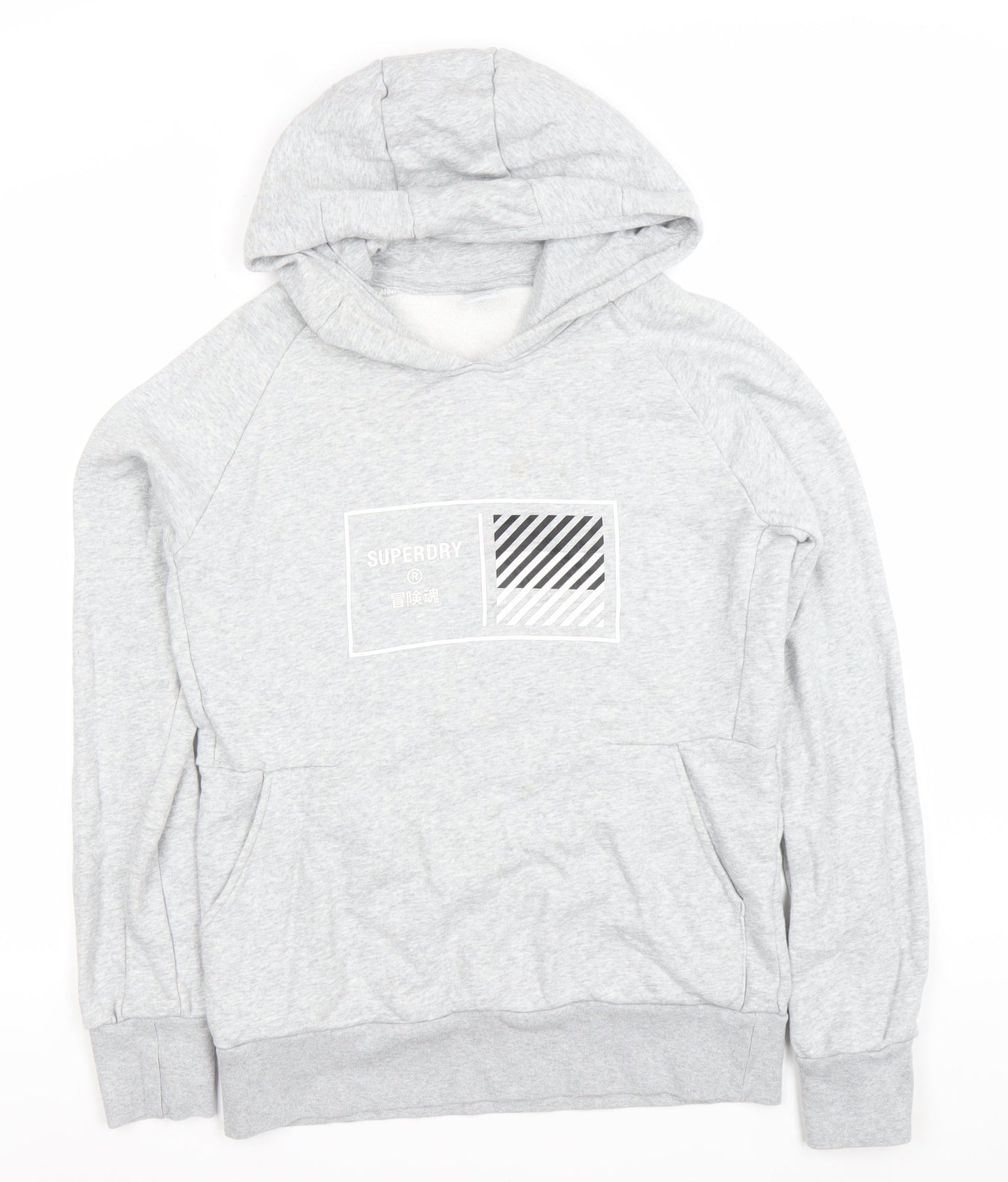 Superdry Men's Grey Pullover Hoodie Large Logo Fleece Sweatshirt