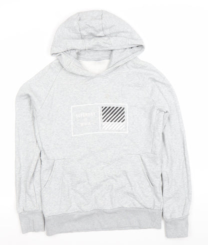 Superdry Men's Grey Pullover Hoodie Large Logo Fleece Sweatshirt