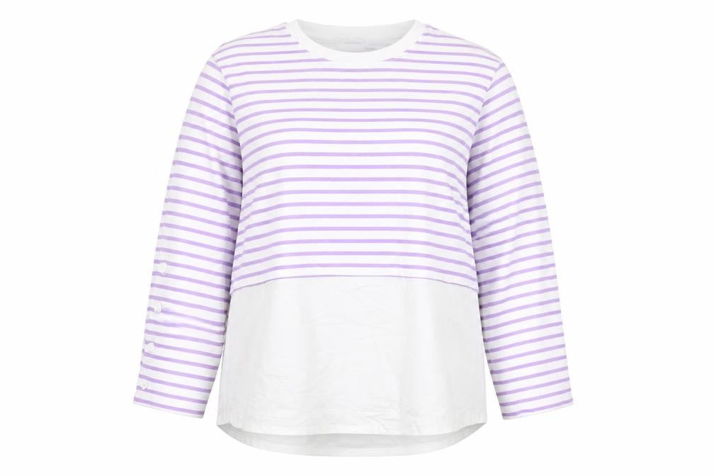 Front view of Gallery Women Lilac White Striped Pullover Sweatshirt, size L
