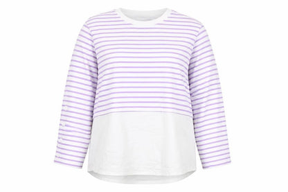 Front view of Gallery Women Lilac White Striped Pullover Sweatshirt, size L