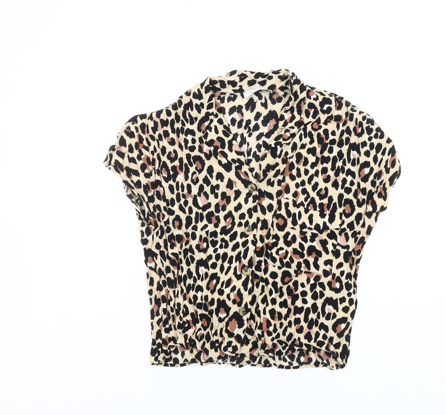 Bershka Womens Beige Leopard Print Cropped Blouse XS
