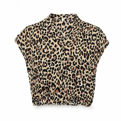 Bershka Womens Beige Leopard Print Cropped Blouse XS