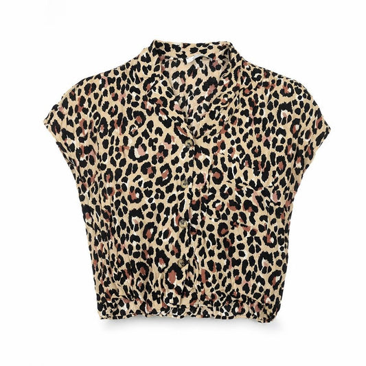 Bershka Womens Beige Leopard Print Cropped Blouse XS