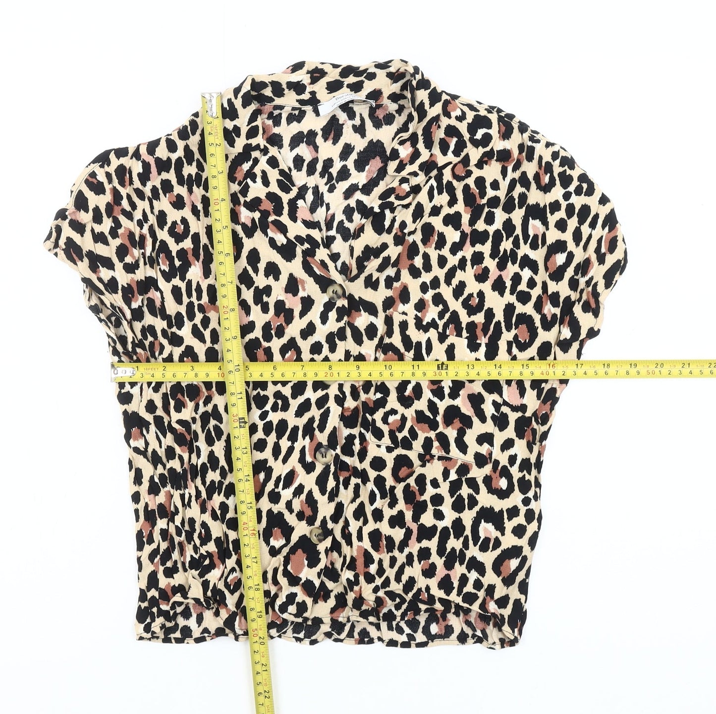 Bershka Womens Beige Leopard Print Cropped Blouse XS