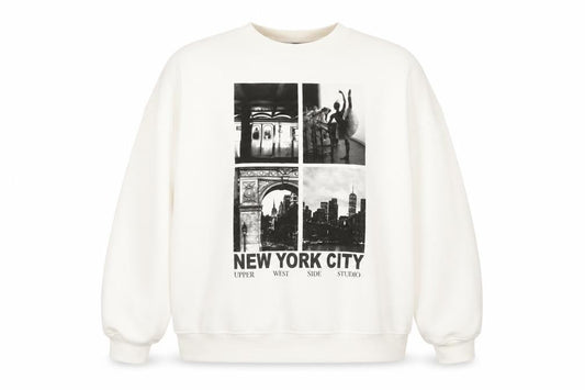 Front view of Dunnes women’s white new york city graphic pullover sweatshirt xxl