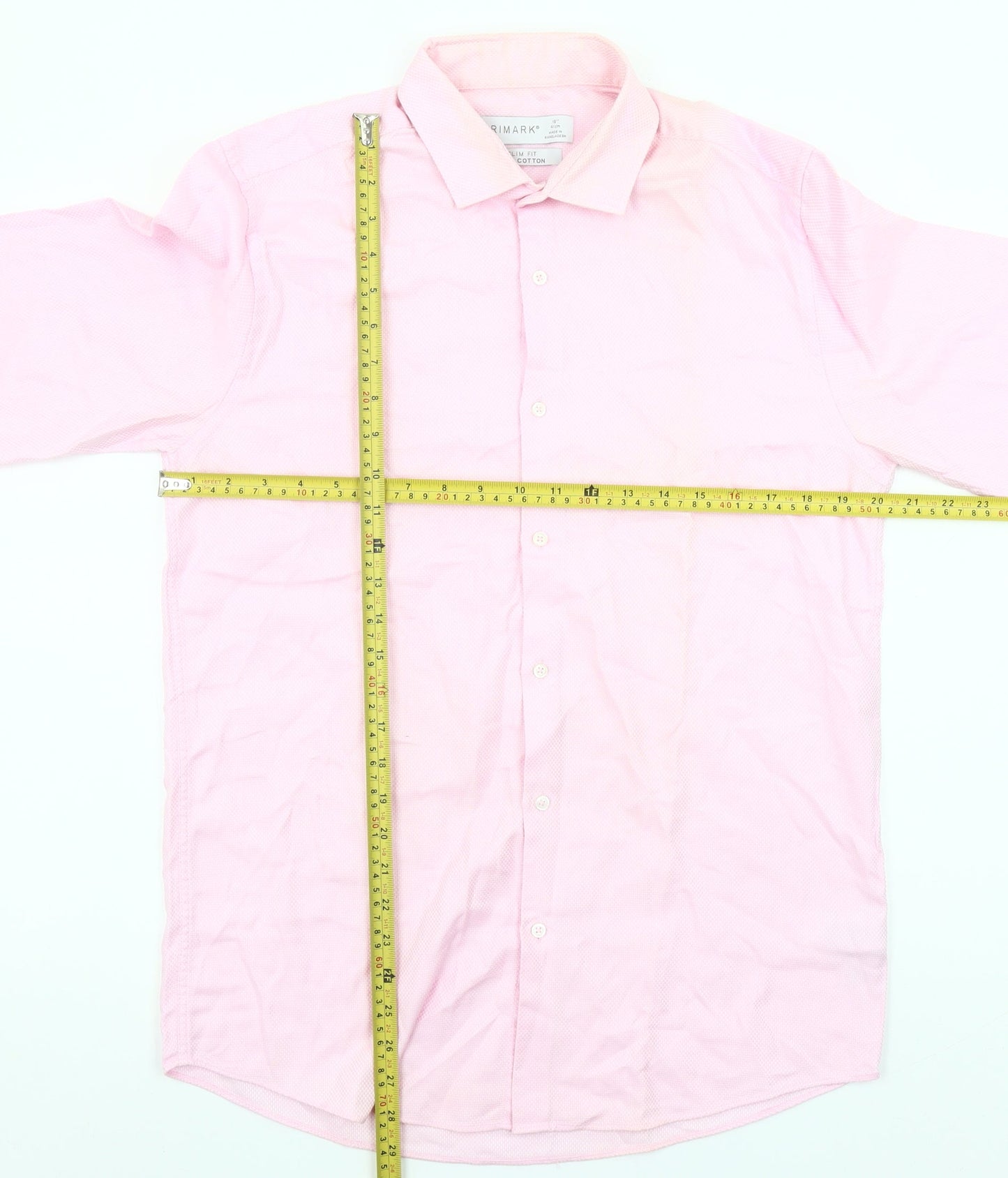 Primark Men's Pink Slim Fit Cotton Long Sleeve Button-Up Shirt 16 Collar