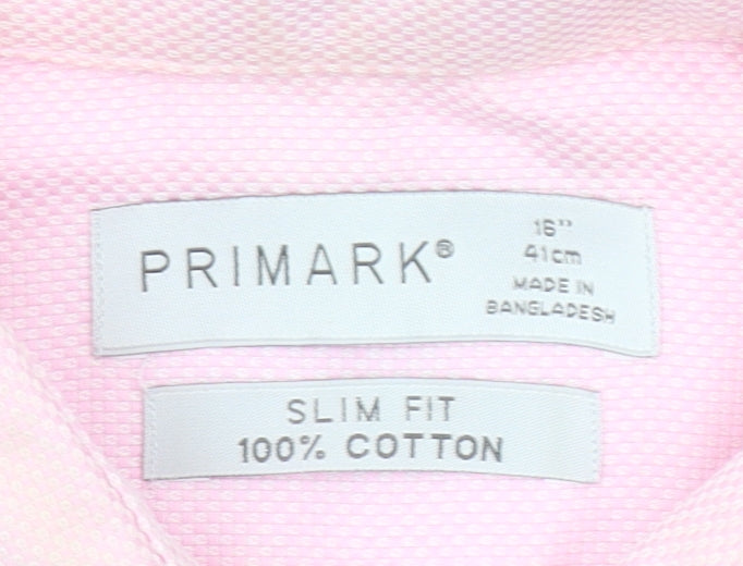 Primark Men's Pink Slim Fit Cotton Long Sleeve Button-Up Shirt 16 Collar