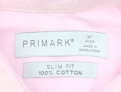 Primark Men's Pink Slim Fit Cotton Long Sleeve Button-Up Shirt 16 Collar