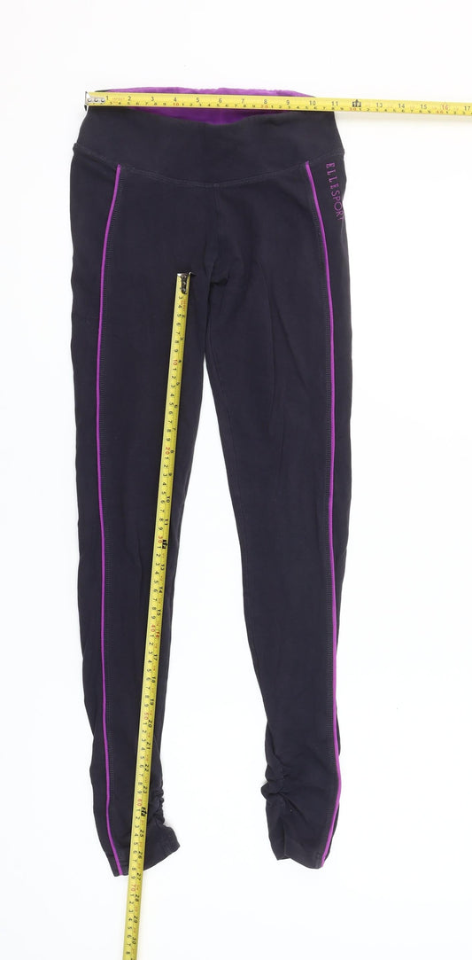 ELLESPORT Womens Black Purple Side Stripe Leggings S Stretch Gym Pants