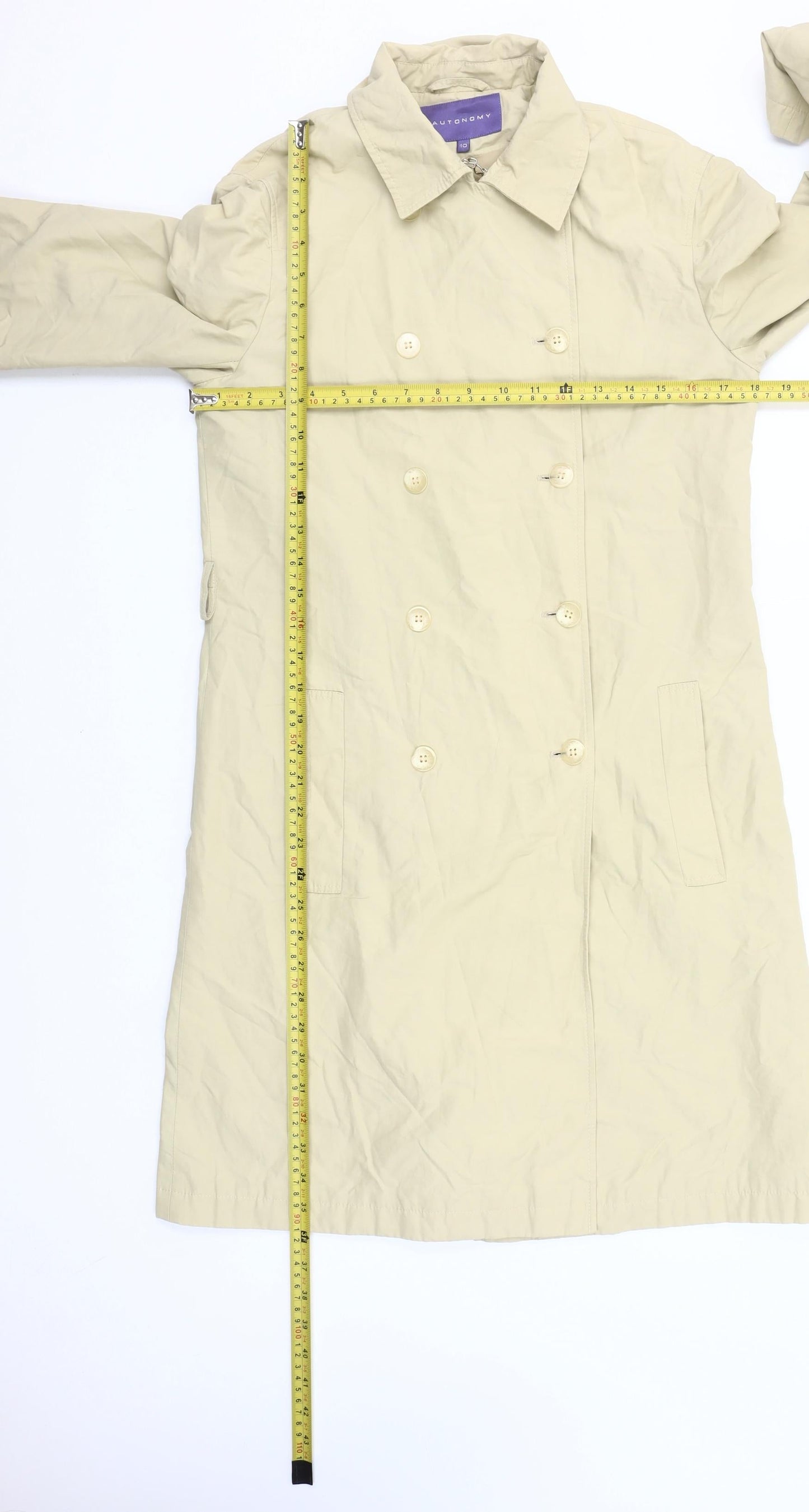 Autonomy Womens Beige Trench Coat Size 10 Classic Mid-Length Cotton Blend