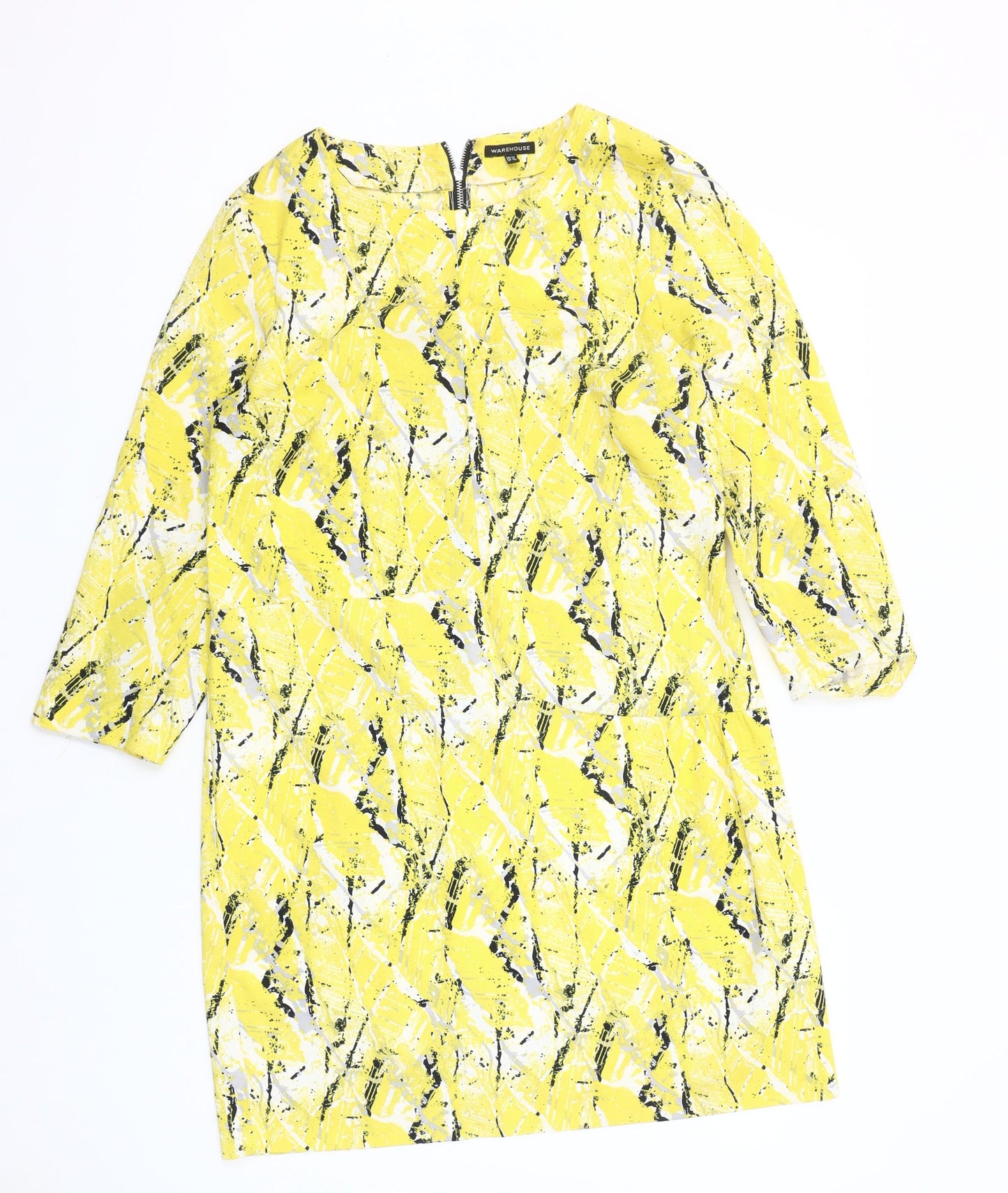 Warehouse Women’s Yellow Shift Dress Size 12 3/4 Sleeve Zip Detail