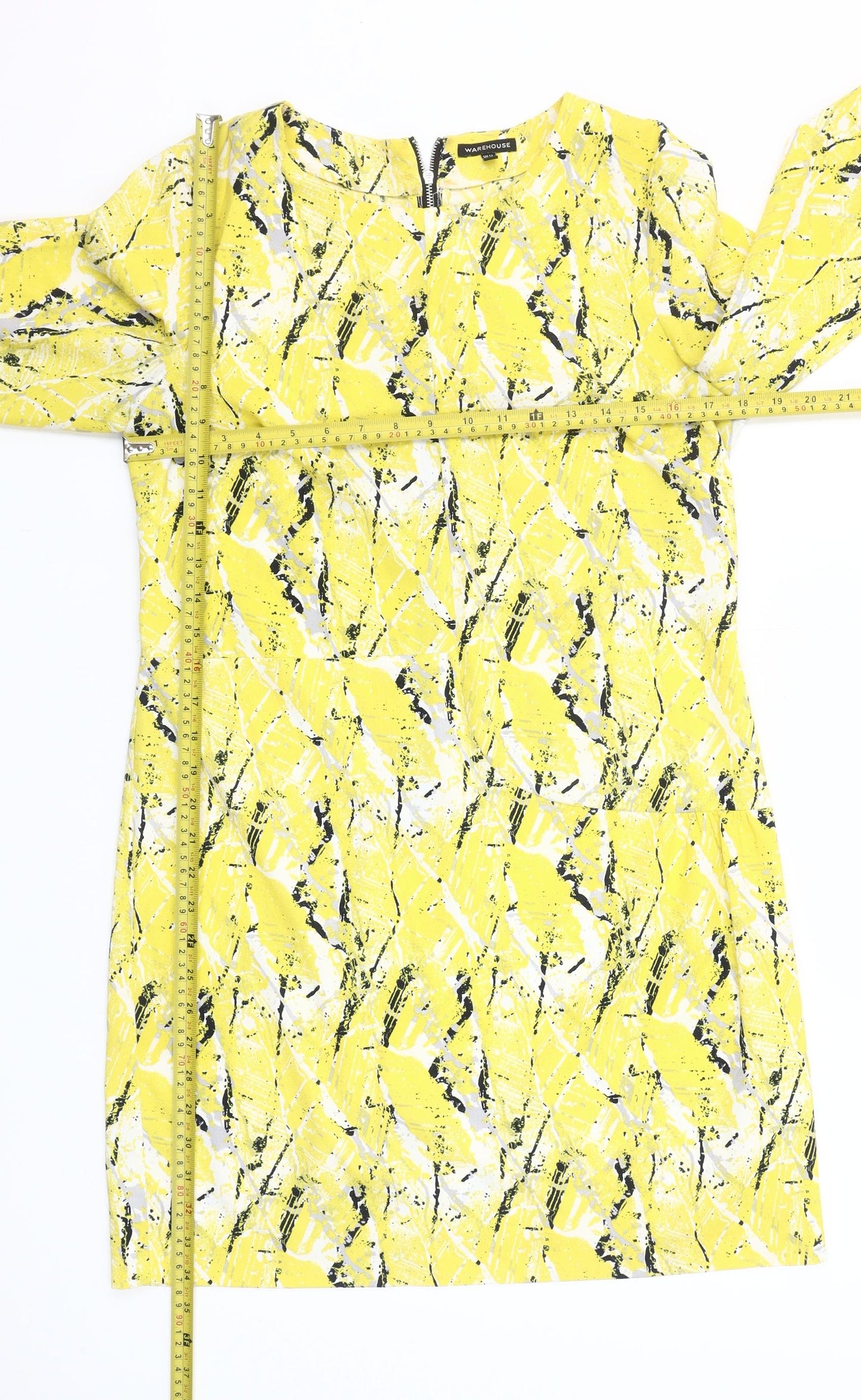 Warehouse Women’s Yellow Shift Dress Size 12 3/4 Sleeve Zip Detail