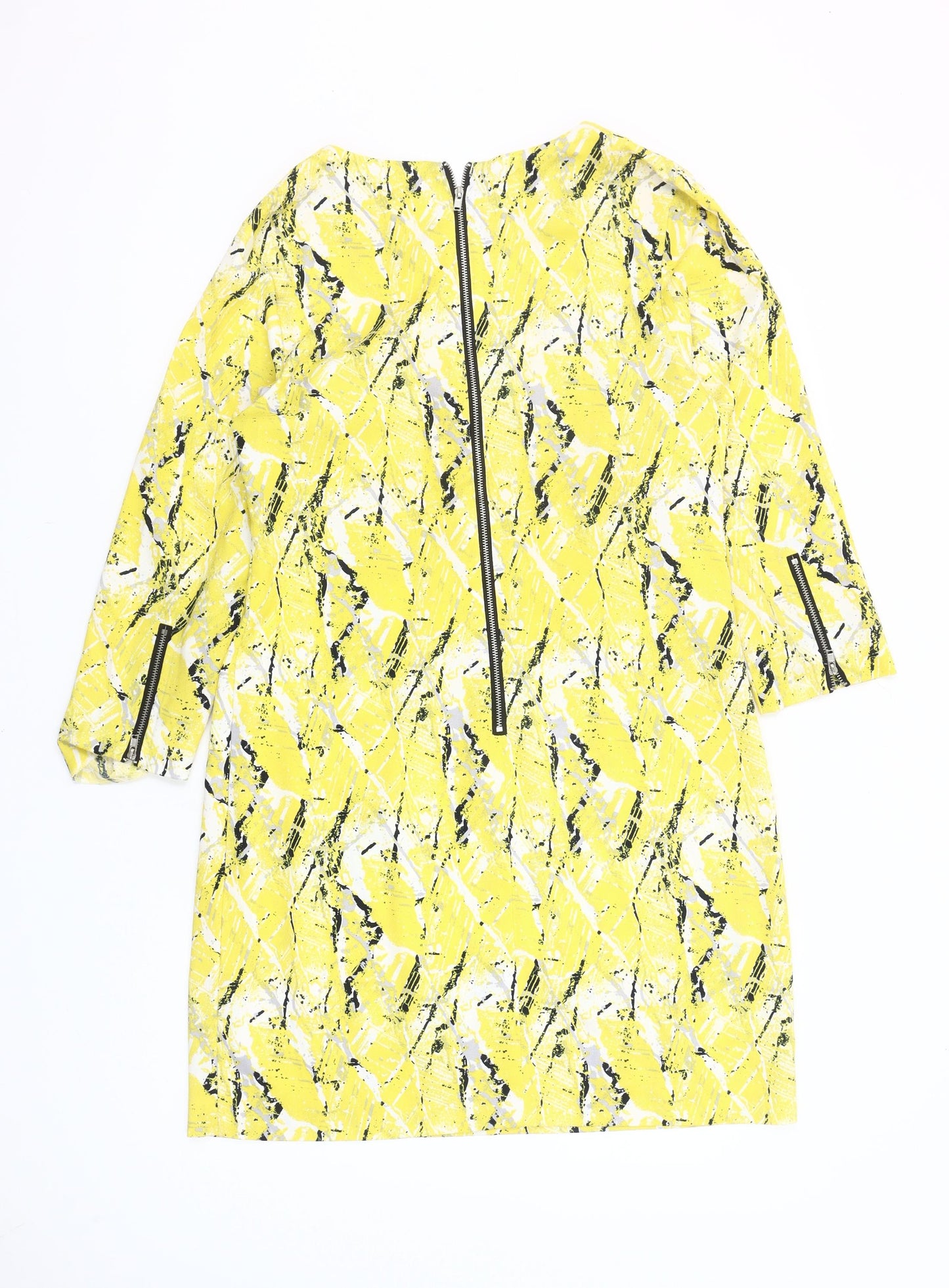 Warehouse Women’s Yellow Shift Dress Size 12 3/4 Sleeve Zip Detail