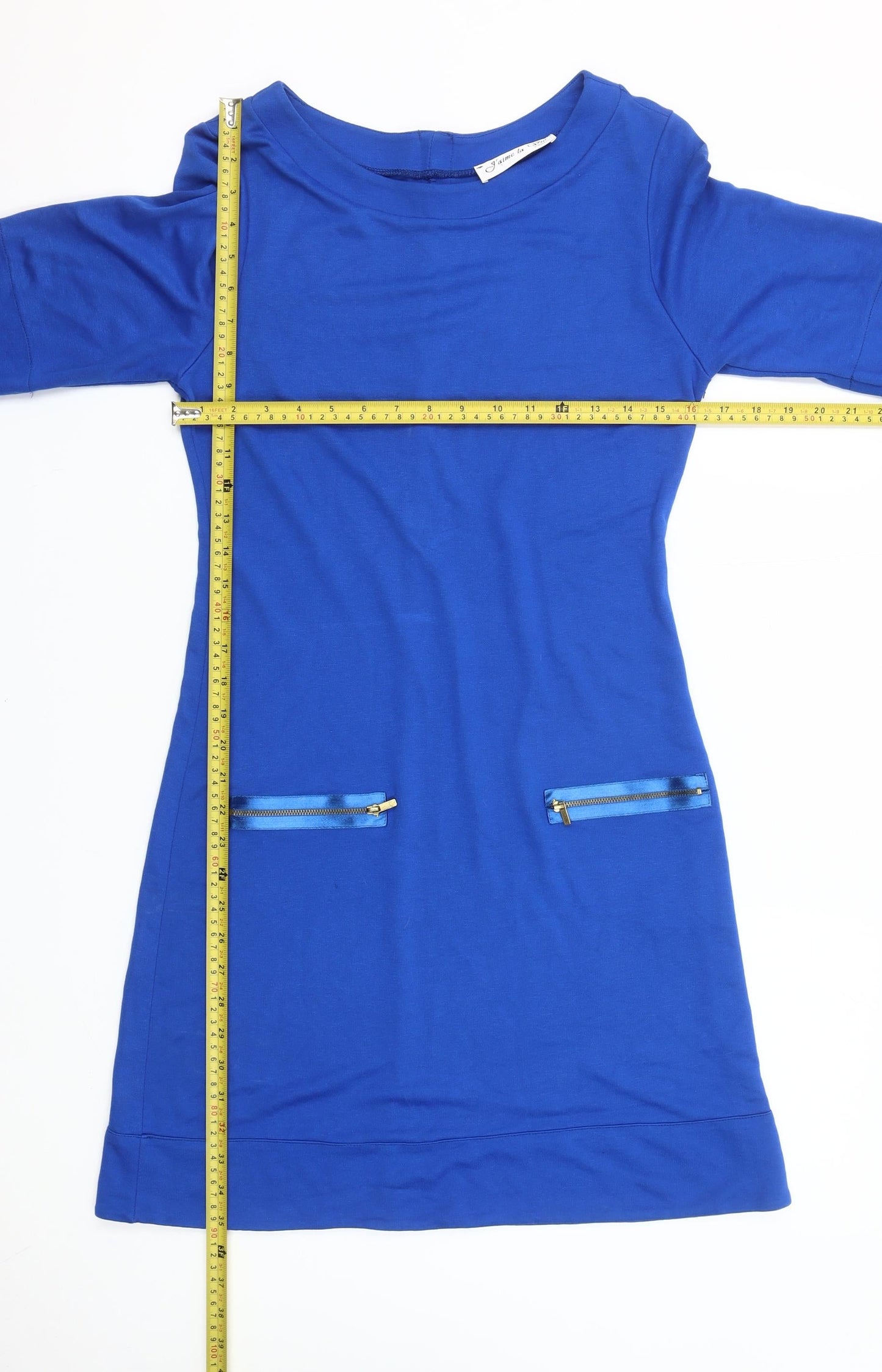 J’aime la Vie Paris Women’s Blue Shift Dress Size 12 Half Sleeve Zip Detail