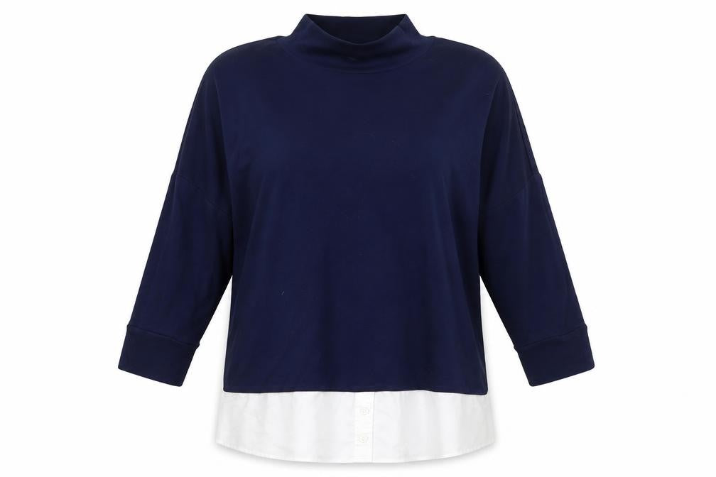 Front view of French Connection Women’s Blue White Colourblock Tunic Blouse, size S