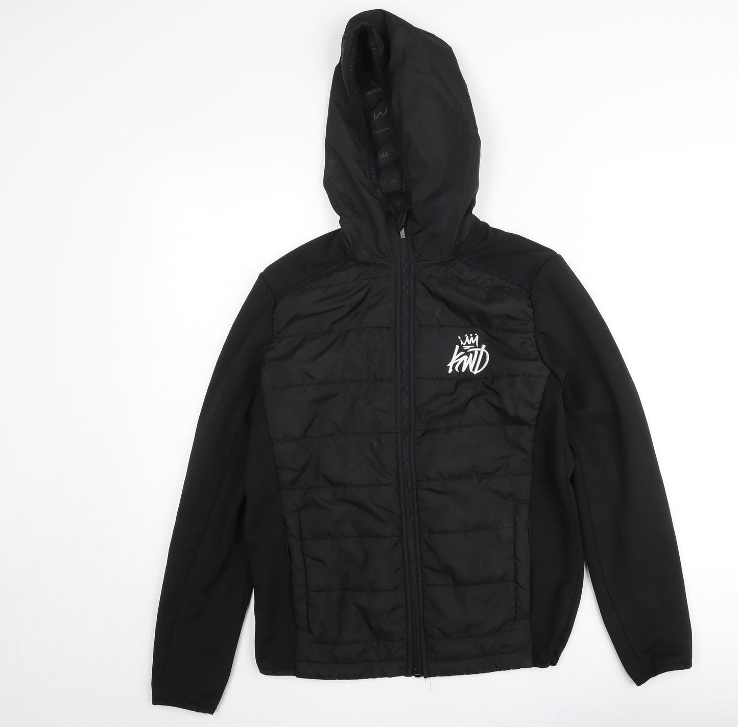 KWD Boys Black Hooded Puffer Jacket S Zip Up Quilted Lined Winter Coat