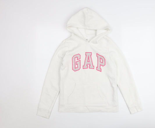 GAP Kids Girls White Logo Pullover Hoodie Size 14-16 Years Fleece