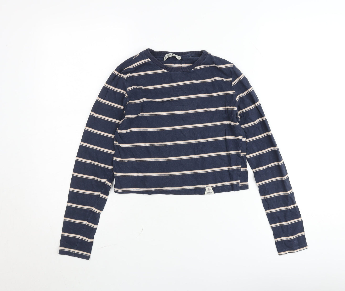 Pull&Bear Women Blue Striped Cropped Long Sleeve Cotton T-Shirt Size 8